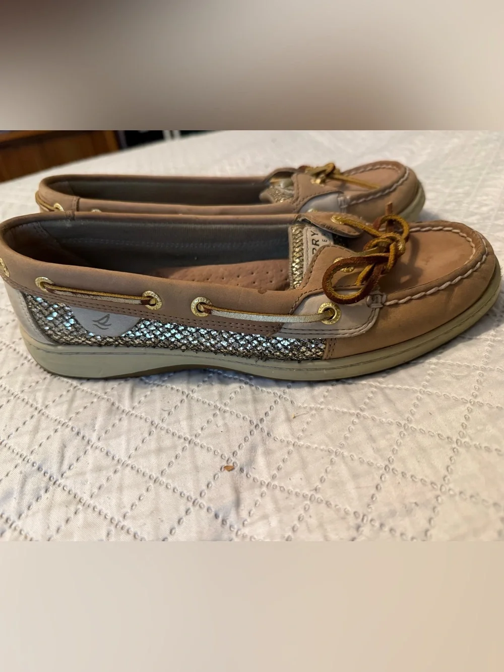 Sperry Tan Leather Moccasin Boat Shoes with Gold Glitter Panels - Women's
